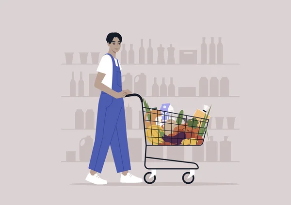 Joven Personaje Asiático Overoles Mezclilla Empujando Carrito Comestibles Supermercado — Vector de stock