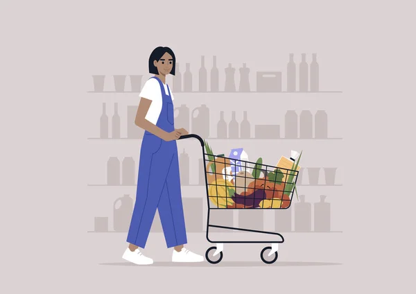 一个年轻的白人女性角色穿着牛仔工作服在超级市场推着购物车 — 图库矢量图片