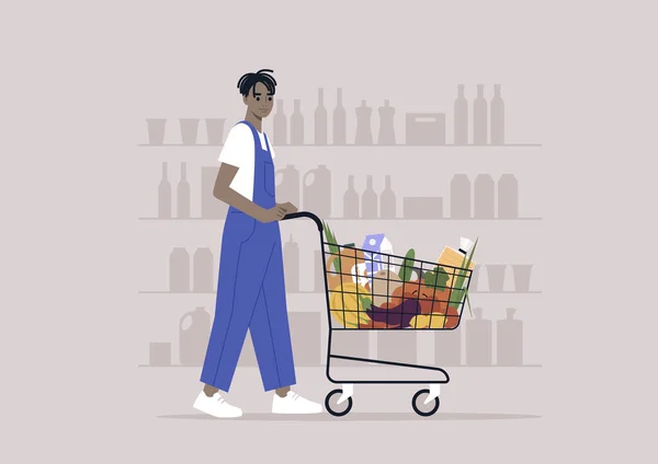 Молодой Африканский Мужчина Джинсовом Комбинезоне Толкает Тележку Продуктами Супермаркете — стоковый вектор