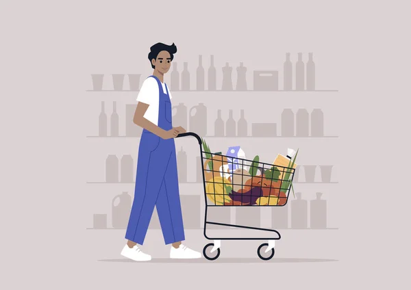 デニムの若い男性白人のキャラクターはスーパーマーケットで食料品のカートを押して全体的に — ストックベクタ