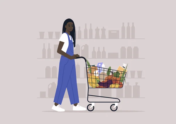 デニムの若い女性のアフリカのキャラクターはスーパーマーケットで食料品のカートを押して全体的に — ストックベクタ