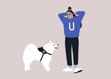 Genç bir Asyalı kadın evcil hayvan sahibi ve samoed köpekleri birbirlerine bakıyorlar, hayvanlarla arkadaşlıklar.