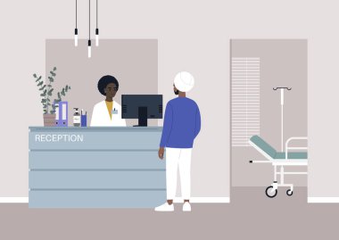 Yönetici, resepsiyonist masasının arkasında bir erkek hastaya danışıyor. Modern bir klinik girişi.