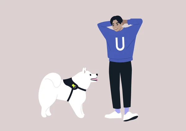 Jovem Homem Asiático Pet Proprietário Seu Cão Samoyed Olhando Uns — Vetor de Stock