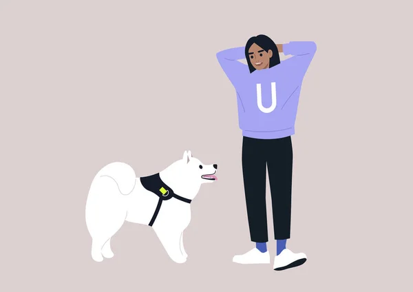 Uma Jovem Mulher Caucasiana Dono Animais Seu Cão Samoyed Olhando — Vetor de Stock