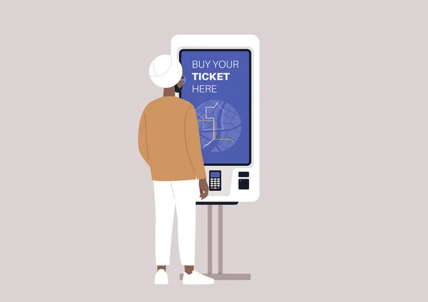 Young Indian Sikh Man Using Self Service Ticket Machine Daily — Stock Vector