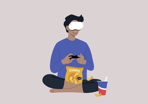 Egy Fiatal Férfi Karakter Visel Headset Játszik Egy Videojáték Konzol — Stock Vector