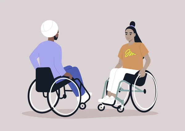 两个轮椅使用者随便聊天 每天例行公事 — 图库矢量图片