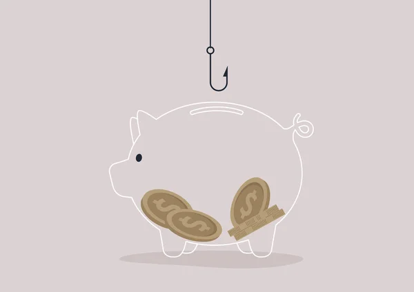 用金属钩子从储蓄罐偷钱 金融犯罪 — 图库矢量图片