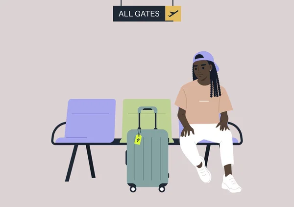 Passageiro Esperando Partida Lounge Aeroporto Com Sua Bagagem Cabine Todos — Vetor de Stock