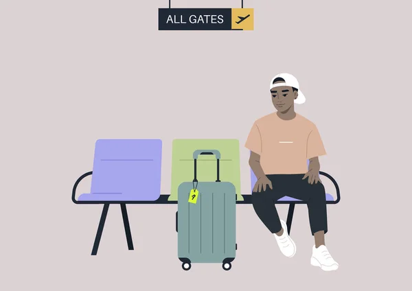 Ένας Επιβάτης Που Περιμένει Για Αναχώρηση Στο Σαλόνι Του Αεροδρομίου — Διανυσματικό Αρχείο