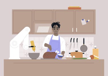 Genç bir Afrikalı erkek karakter mutfakta robot elleriyle yemek pişiriyor, modern yaşam tarzı.