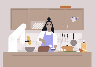 Genç bir Asyalı kadın karakter mutfakta robotik elli, modern yaşam tarzıyla yemek pişiriyor.