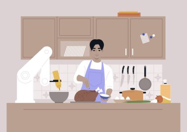 Genç bir Asyalı erkek karakter mutfakta robotik elli, modern yaşam tarzıyla yemek pişiriyor.