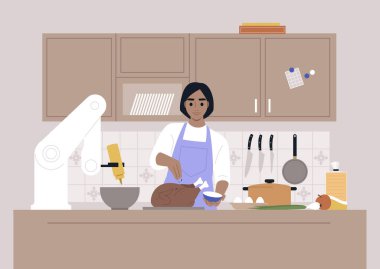 Genç bir kadın beyaz karakter mutfakta yemek pişiriyor. Robot elli, modern yaşam tarzı.