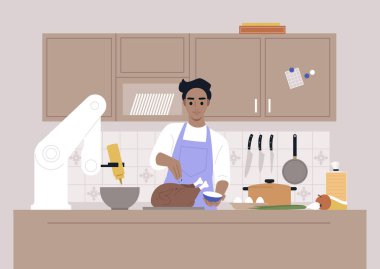 Genç bir beyaz erkek karakter mutfakta robotik elli, modern yaşam tarzıyla yemek pişiriyor.