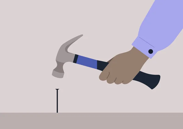 Hand Holding Hammer Hitting Metal Nail Carpenter Manual Work — Stock Vector