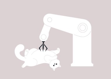 Bir kedinin karnını ovalayan robot bir el, yeni teknolojiler ve modern yaşam tarzı.