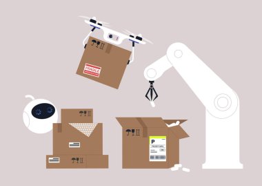 Karton kutulara doldurulmuş baloncuk ambalajlı ve boşluk dolduruculu robotik paket teslimatı