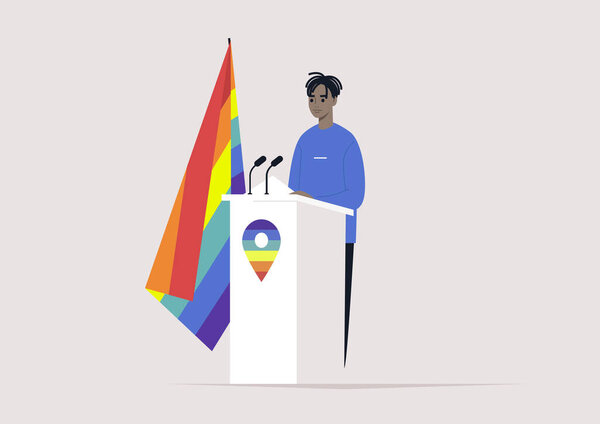 A young African character standing behind the pulpit with a rainbow LGBT flag, human rights, political process