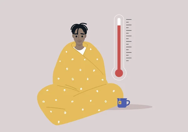 Young African Character Wrapped Blanket Unwell High Temperature Headache — Stock Vector