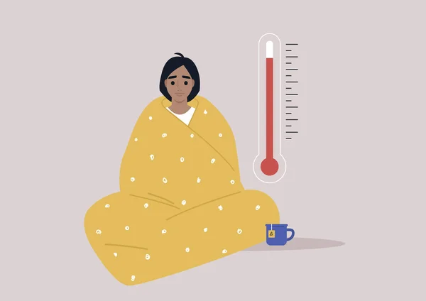 Young Caucasian Character Wrapped Blanket Unwell High Temperature Headache — Stock Vector