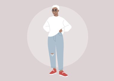 A young female character wearing a short haircut and black frames