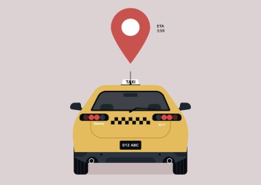 A taxi cab with a red geo tag hovering over it, a transportation service