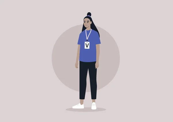 Ένα Νεαρό Θηλυκό Ασιατικό Χαρακτήρα Που Φοράει Σήμα Επισκέπτη Κορδόνι — Διανυσματικό Αρχείο