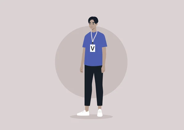 Joven Personaje Asiático Con Una Insignia Visitante Cordón Una Letra — Vector de stock