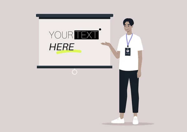 Młody Azjata Wskazujący Ekran Projektora Przestrzeń Kopiowania Twój Tekst — Wektor stockowy