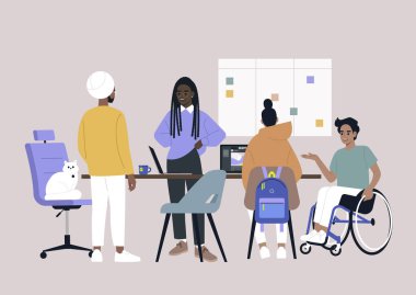 Özel ofis, bir proje, personel toplantısı, yönetim üzerine çalışan bir grup genç milenyum karakteri.