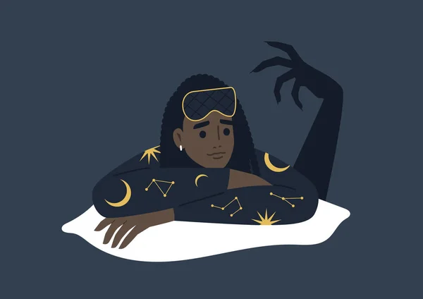 Concept Insomnie Jeune Personnage Africain Féminin Souffrant Dans Leur Lit — Image vectorielle