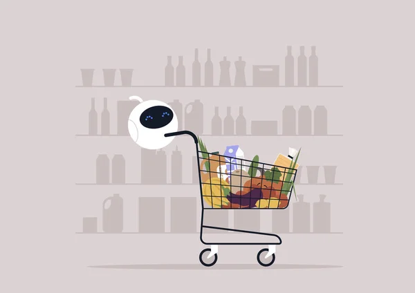 スーパーで食料品の買い物をするかわいい丸いロボットアシスタント — ストックベクタ