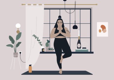 A young female character practicing yoga at home, a tree pose clipart