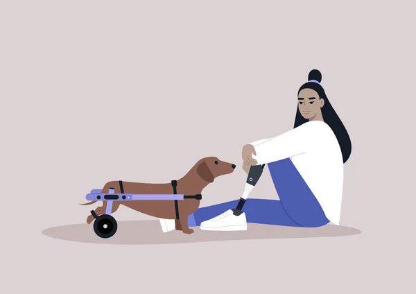 Eine Junge Asiatische Figur Mit Beinprothese Sitzt Auf Dem Fußboden — Stockvektor