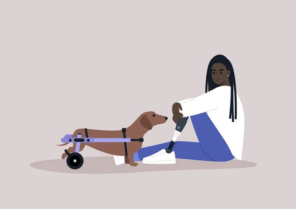 Eine Junge Afrikanische Figur Mit Beinprothese Sitzt Auf Dem Fußboden — Stockvektor