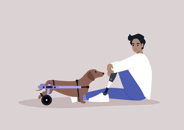 Ein Junger Männlicher Kaukasischer Charakter Mit Beinprothese Sitzt Auf Dem — Stockvektor