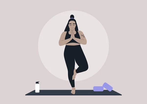 Jeune Personnage Féminin Pratiquant Yoga Maison Une Pose Arbre — Image vectorielle
