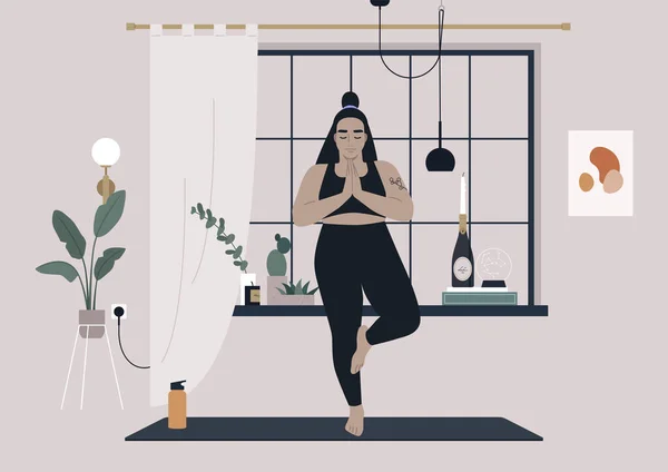 Personaje Femenino Joven Practicando Yoga Casa Una Pose Árbol — Vector de stock