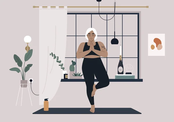 Een Jong Vrouwelijk Personage Dat Thuis Yoga Beoefent Een Boomhouding — Stockvector