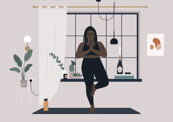 Joven Personaje Africano Femenino Practicando Yoga Casa Una Pose Árbol — Vector de stock