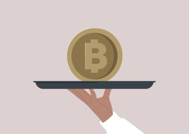 Tepside büyük bir bitcoin tutan bir el.