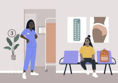 Klinik koridoru, jinekolog kabinesi bekleme salonu, bankta oturan genç bir Asyalı hasta.