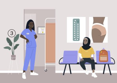 Klinik koridoru, jinekolog bekleme odası, tesettürlü genç bir kadın hasta.