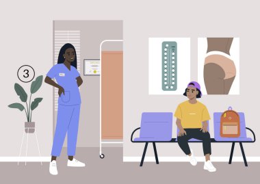 Klinik koridoru, jinekolog kabinesi bekleme salonu, şapkalı genç bir İspanyol hasta.