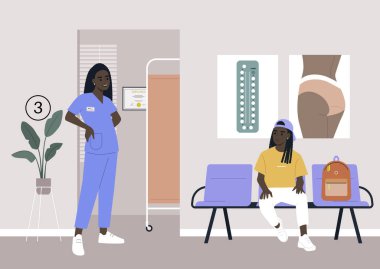 Klinik koridoru, jinekolog kabinesi bekleme salonu koridorda oturan genç bir Afrikalı karakter.