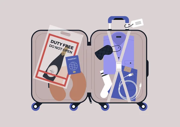 Offener Koffer Mit Persönlichen Gegenständen Reisekonzept Sicherheitskontrolle Flughafen — Stockvektor