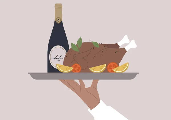 Gros Plan Serveur Servant Dinde Cuite Four Une Bouteille Vin — Image vectorielle
