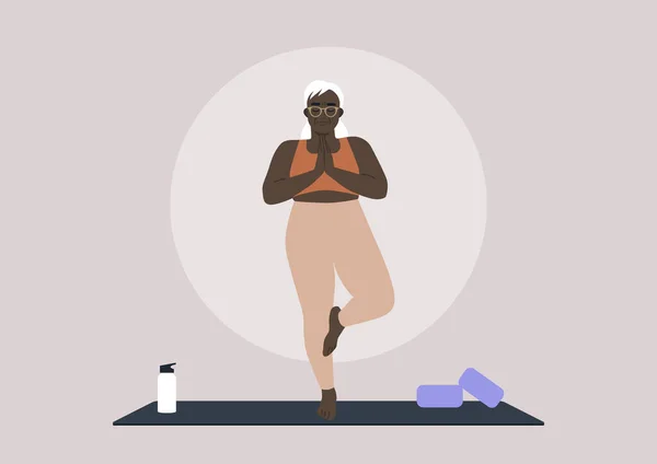 Una Donna Anziana Personaggio Africano Praticare Yoga Casa Una Posa — Vettoriale Stock